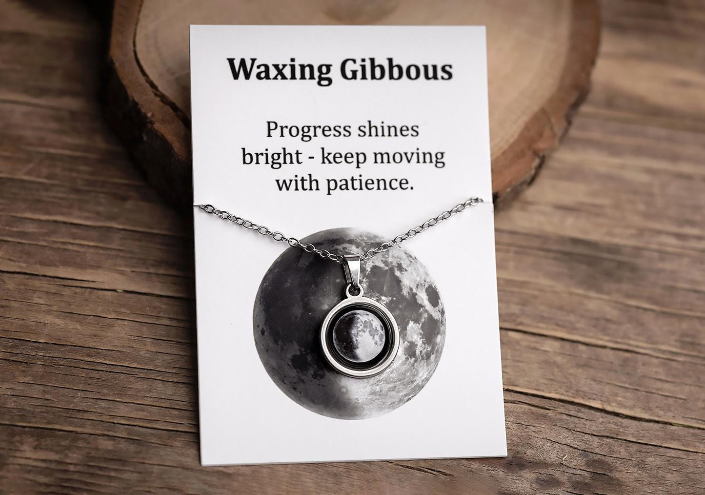 Waxing Gibbous or Any Moon Phase Necklace with Gift Box & Card Ready to Give Personalized Lunar Pendant with Engraving and Adjustable Chain