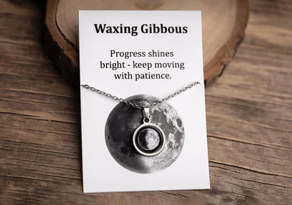 Waxing Gibbous or Any Moon Phase Necklace with Gift Box & Card Ready to Give Personalized Lunar Pendant with Engraving and Adjustable Chain
