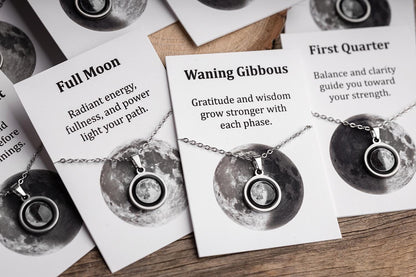 Waning Gibbous or Any Moon Phase Necklace - Personalized Lunar Pendant with Custom Engraving and Adjustable Chain - Birthday Gift for Her