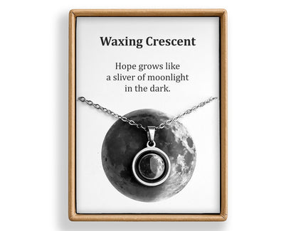 Waxing Crescent or Any Moon Phase Necklace - Personalized Lunar Pendant with Custom Engraving and Adjustable Chain - Birthday Gift for Her