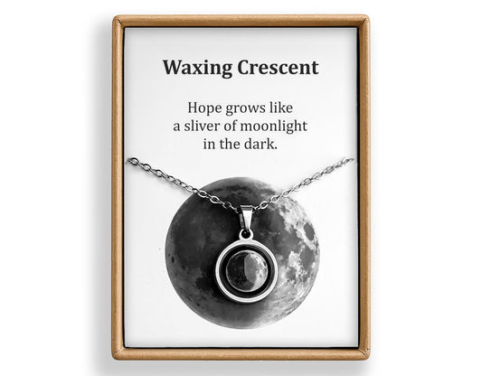 Waxing Crescent or Any Moon Phase Necklace - Personalized Lunar Pendant with Custom Engraving and Adjustable Chain - Birthday Gift for Her