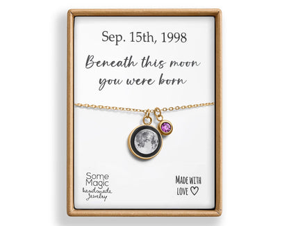 Custom Moon Phase Necklace with Birthstone and Engraving Initial and Date, Personalized Women Jewelry, Celestial Birthday Gift for Her, KP.8