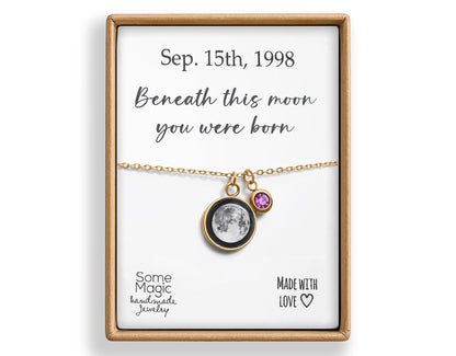 Custom Moon Phase Necklace with Birthstone, Personalized Engraved Initial Jewelry, Birthday Gift for Daughter, Lunar Pendant for Her, KP.8