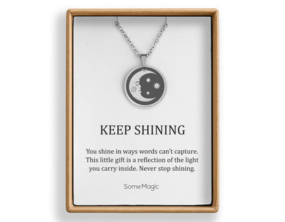 Crescent Moon Necklace for Daughter, Ready to Gift Inspiring and Motivating Birthday Jewelry Gift from Father, Mother, Parents, Keep Shining