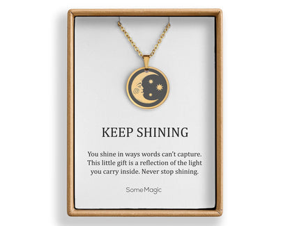 Crescent Moon Necklace for Daughter, Ready to Gift Inspiring and Motivating Birthday Jewelry Gift from Father, Mother, Parents, Keep Shining