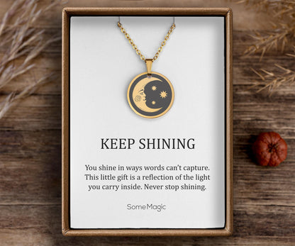 Crescent Moon Necklace for Daughter, Ready to Gift Inspiring and Motivating Birthday Jewelry Gift from Father, Mother, Parents, Keep Shining