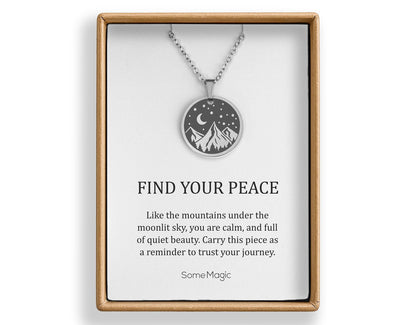 Mountains, Moon & Stars Necklace, Birthday Gift for Daughter from Mom or Dad, Ready to Gift Inspiring Motivating Jewelry, Find Your Peace