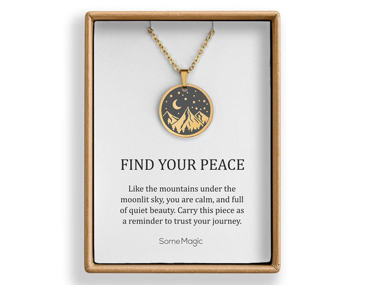 Mountains, Moon & Stars Necklace, Birthday Gift for Daughter from Mom or Dad, Ready to Gift Inspiring Motivating Jewelry, Find Your Peace