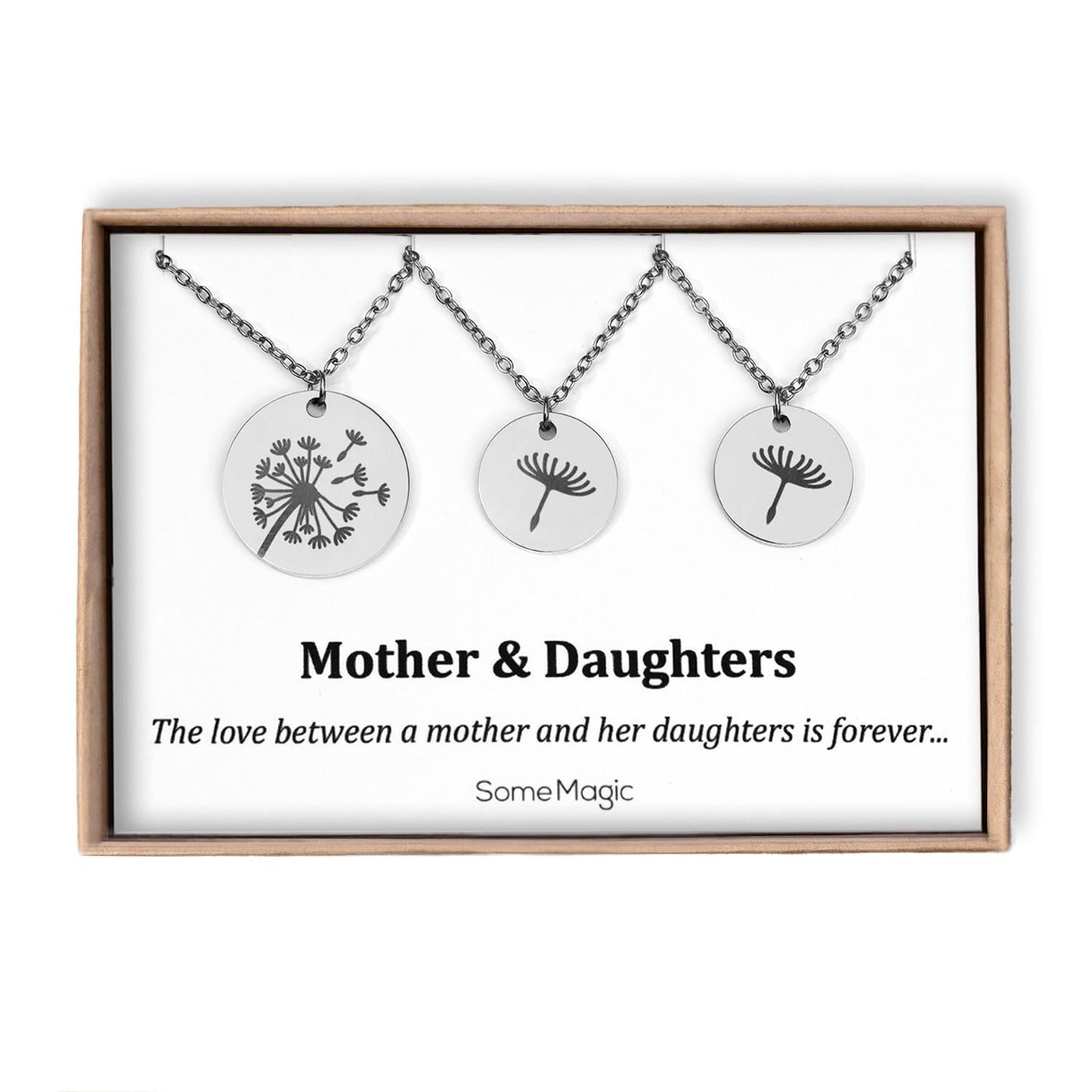 Mother and Two Daughters Dandelion Necklace Set on Gift Card - The Love Between Mother and her Daughters is Forever, Mom Sisters Gift, C.102