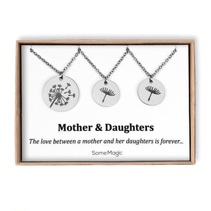 Mother and Two Daughters Dandelion Necklace Set on Gift Card - The Love Between Mother and her Daughters is Forever, Mom Sisters Gift, C.102