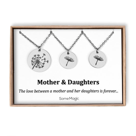 Mother and Two Daughters Dandelion Necklace Set on Gift Card - The Love Between Mother and her Daughters is Forever, Mom Sisters Gift, C.102