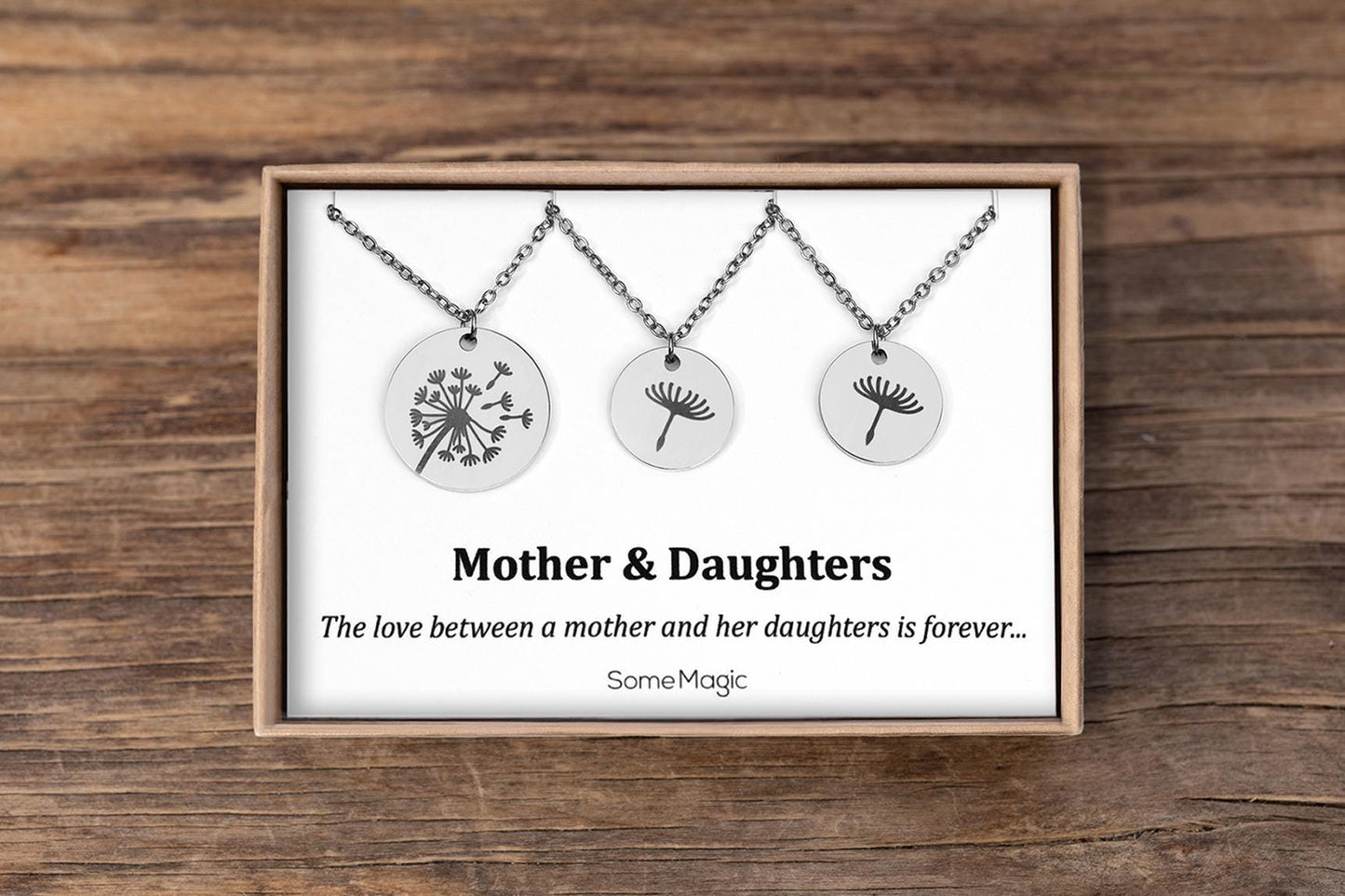 Mother and 2 Daughters Dandelion & Seed Necklace Set on Gift Card - The Love Between Mother and Daughters is Forever, Birthday Gift, C.102