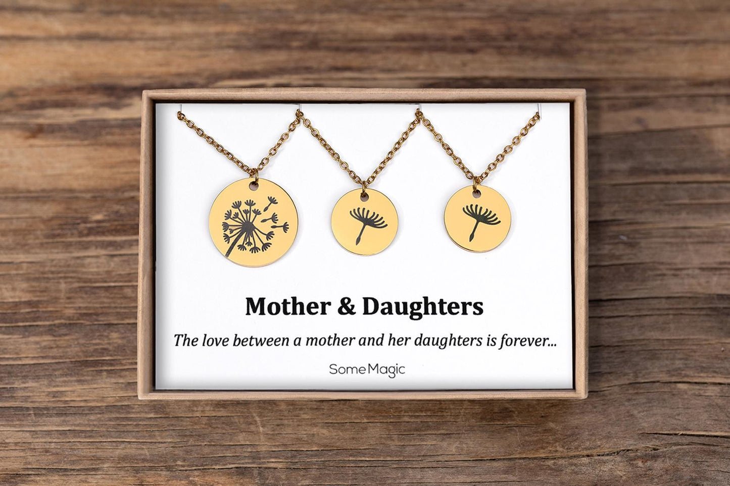 Mother and 2 Daughters Dandelion & Seed Necklace Set on Gift Card - The Love Between Mother and Daughters is Forever, Birthday Gift, C.102