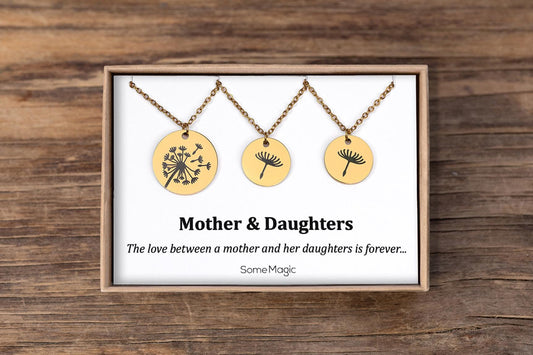 Mother and 2 Daughters Dandelion & Seed Necklace Set on Gift Card - The Love Between Mother and Daughters is Forever, Birthday Gift, C.102