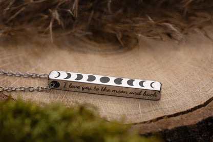 All Phases of the Moon Cycle Necklace with Custom Engraving on Vertical Bar 3D Charm for Celestial Jewelry Layering, Silver Gold Black, KP.2