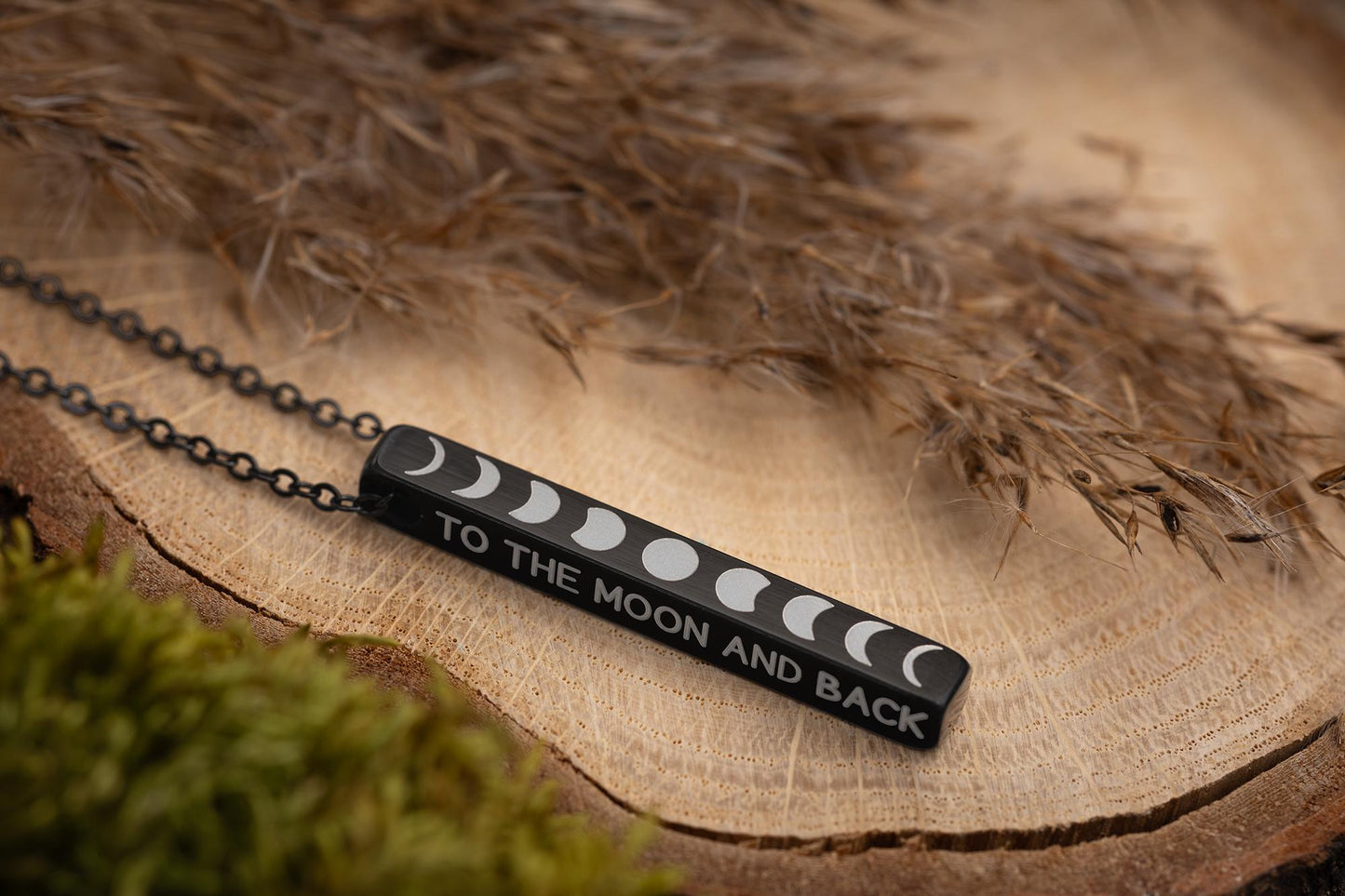 All Phases of the Moon in a Row, Full Moon Cycle Necklace with Moon Phase 3D Charm for Jewelry Layering, Vertical Bar Celestial Pendant KP.2