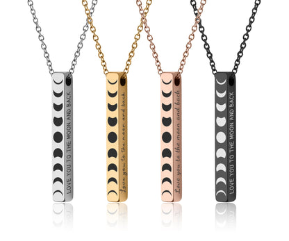 All Phases of the Moon Cycle Necklace with Custom Engraving on Vertical Bar 3D Charm for Celestial Jewelry Layering, Silver Gold Black, KP.2