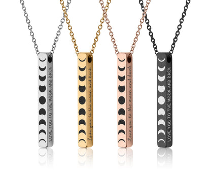Phases of the Moon Cycle Necklace with Custom Engraving on Vertical Bar 3D Charm for Celestial Jewelry Layering, Silver Rose Gold Black KP.2