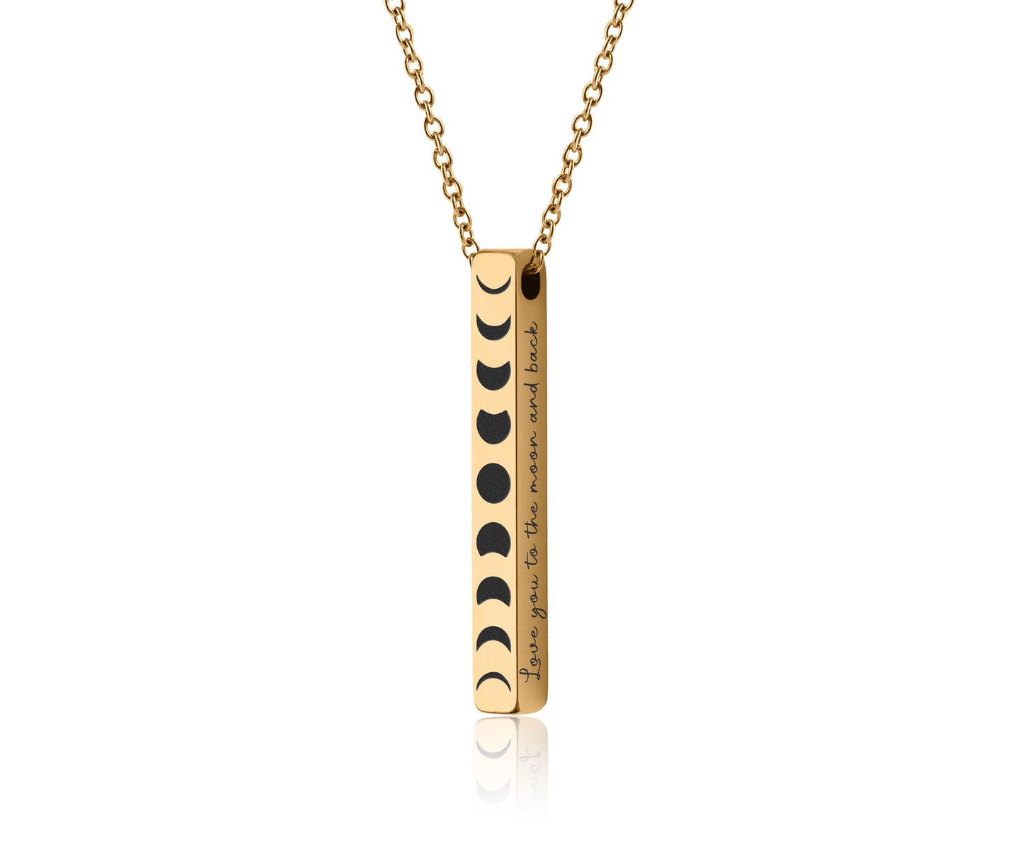 All Phases of the Moon in a Row, Full Moon Cycle Necklace with Moon Phase 3D Charm for Jewelry Layering, Vertical Bar Celestial Pendant KP.2