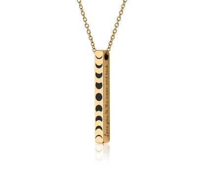 All Phases of the Moon in a Row, Full Moon Cycle Necklace with Moon Phase 3D Charm for Jewelry Layering, Vertical Bar Celestial Pendant KP.2