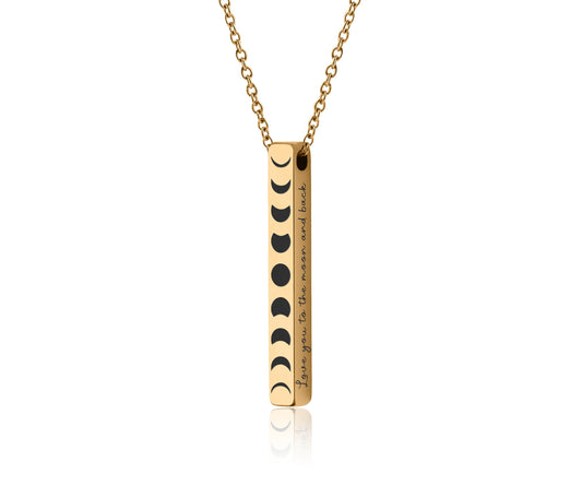All Phases of the Moon in a Row, Full Moon Cycle Necklace with Moon Phase 3D Charm for Jewelry Layering, Vertical Bar Celestial Pendant KP.2