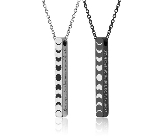 Phases of the Moon Cycle Necklace with Custom Engraving on Vertical Bar 3D Charm for Celestial Jewelry Layering, Silver Rose Gold Black KP.2