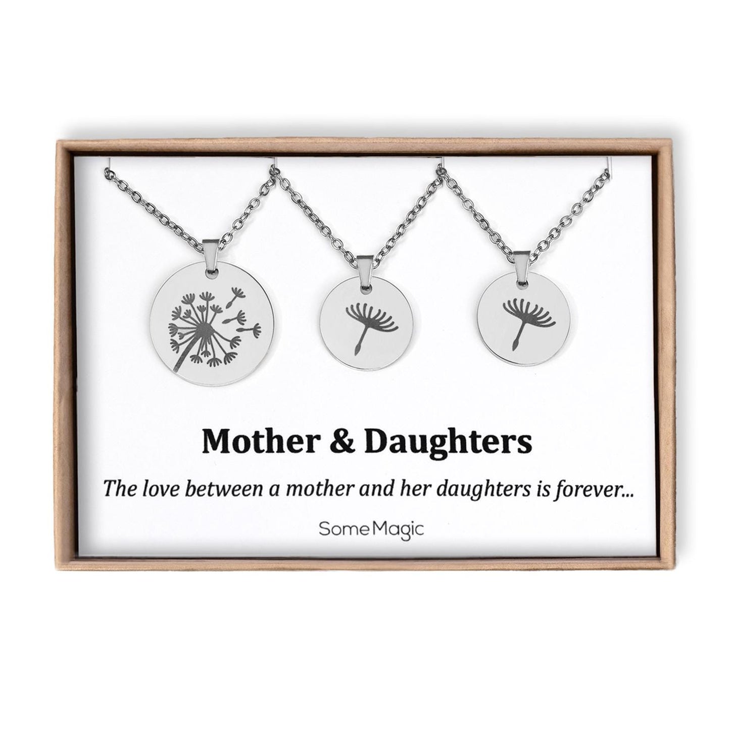 Set of Three Dandelion Necklaces for Mother and Two Daughters with Gift Card: The Love Between Mother and her Daughters is Forever, C.102