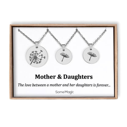 Set of Three Dandelion Necklaces for Mother and Two Daughters with Gift Card: The Love Between Mother and her Daughters is Forever, C.102