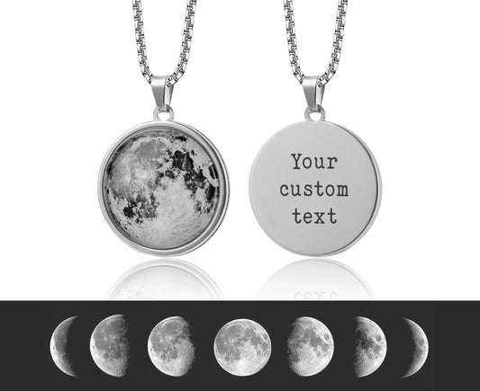 Choose Your Moon Phase Necklace With Custom Text on Back Side, Celestial Birthday Gift For Men, Personalized Anniversary Gift For Him, RP.1