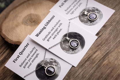 Choose Your Moon Phase Necklace with Optional Custom Engraving on Back Side and Adjustable Chain, Silver Steel Jewelry Birthday Gift For Her