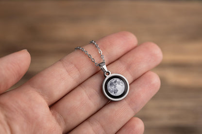 Moon Phase Necklace with Custom Back Engraving and Adjustable Chain, Stainless Steel Silver Teen Jewelry, Sweet 16 Birthday Gift For Her