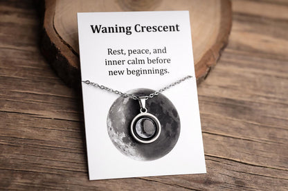 Waning Crescent or Any Moon Phase Necklace with Gift Box & Card Ready to Give Personalized Lunar Pendant with Engraving and Adjustable Chain