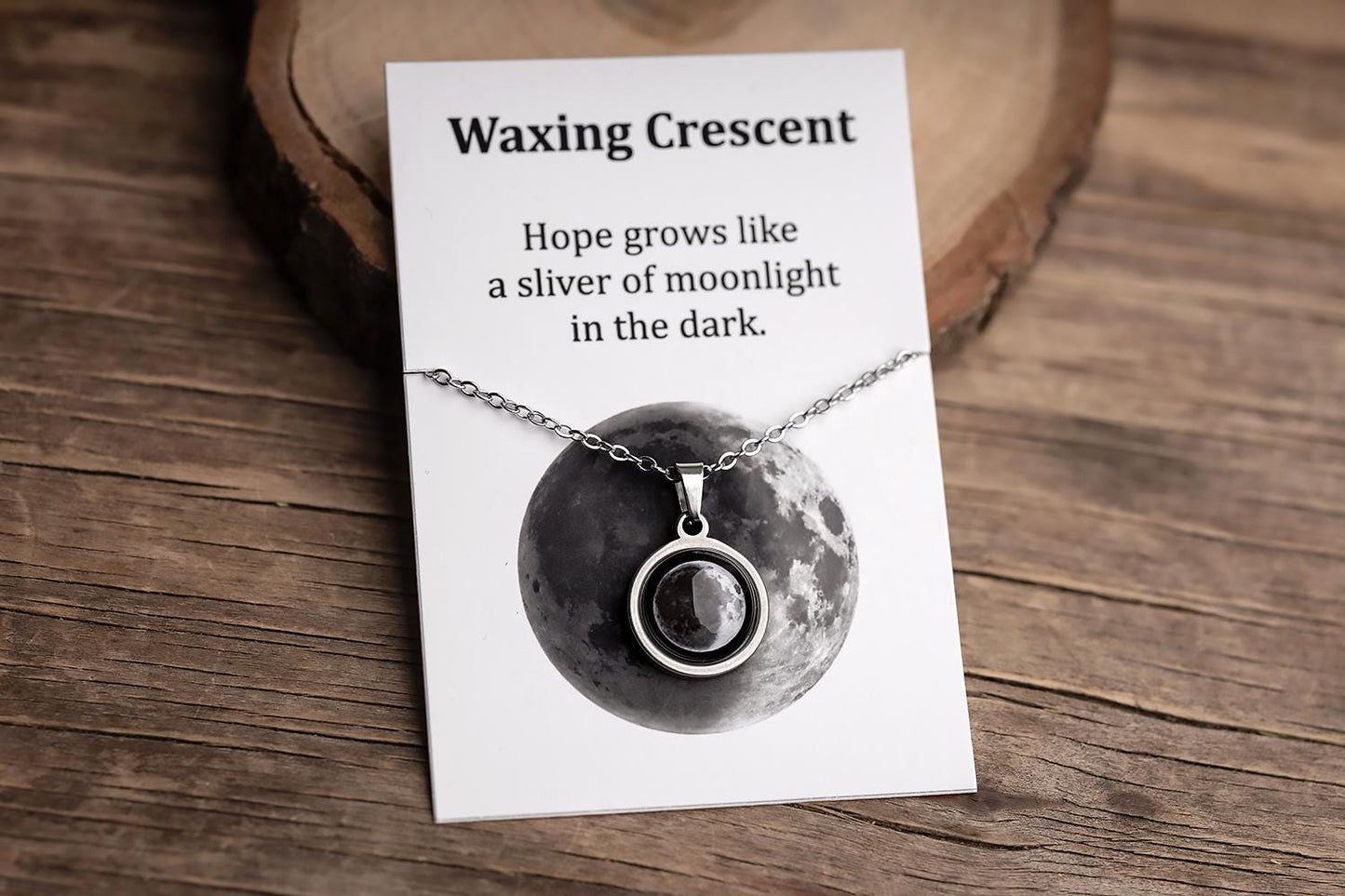 Waxing Crescent or Any Moon Phase Necklace with Gift Box & Card Ready to Give Personalized Lunar Pendant with Engraving and Adjustable Chain