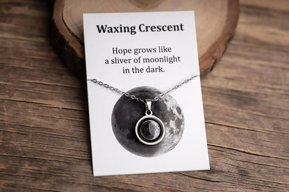 Waxing Crescent or Any Moon Phase Necklace with Gift Box & Card Ready to Give Personalized Lunar Pendant with Engraving and Adjustable Chain