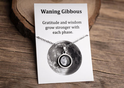Waning Gibbous or Any Moon Phase Necklace with Gift Box & Card Ready to Give Personalized Lunar Pendant with Engraving and Adjustable Chain