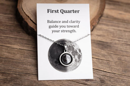 First Quarter or Any Moon Phase Necklace with Gift Box & Card Ready to Give Personalized Lunar Pendant with Engraving and Adjustable Chain