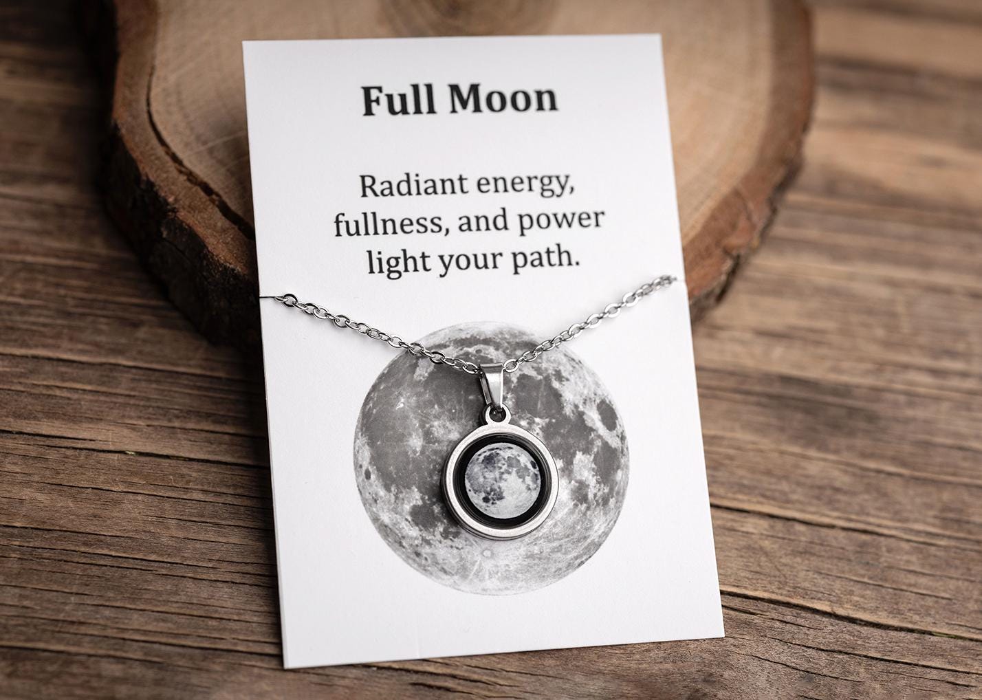 Full Moon or Any Moon Phase Necklace with Gift Box & Card Ready to Give Personalized Lunar Pendant with Engraving and Adjustable Chain