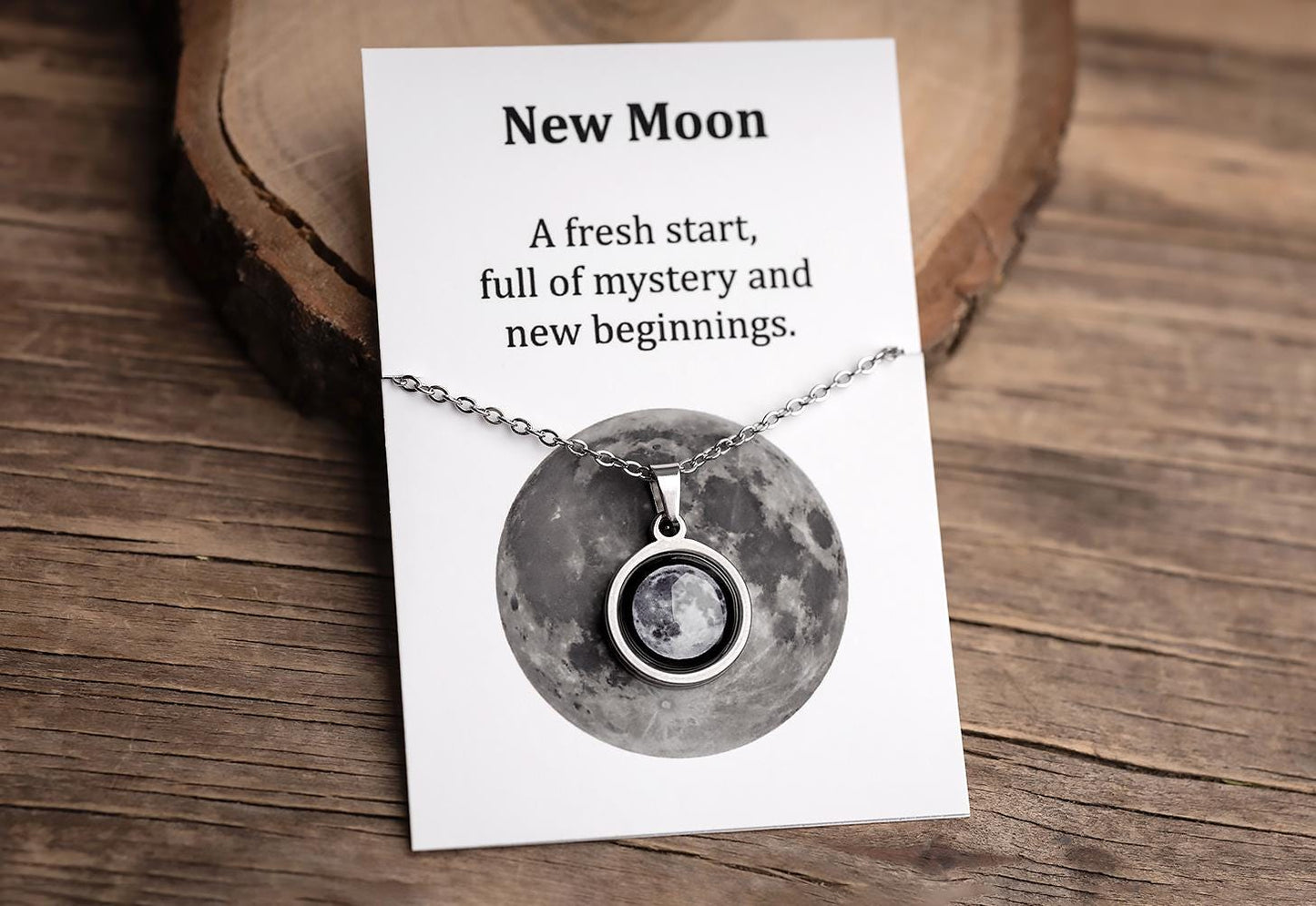 New Moon or Any Moon Phase Necklace with Gift Box & Card Ready to Give Personalized Lunar Pendant with Engraving and Adjustable Chain