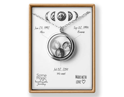 Custom Moon Phase Locket Necklace - Floating Transparent Pendant with 1–5 Moons, Personalized Lunar Jewelry Birthday Gift for Mom, KP.9