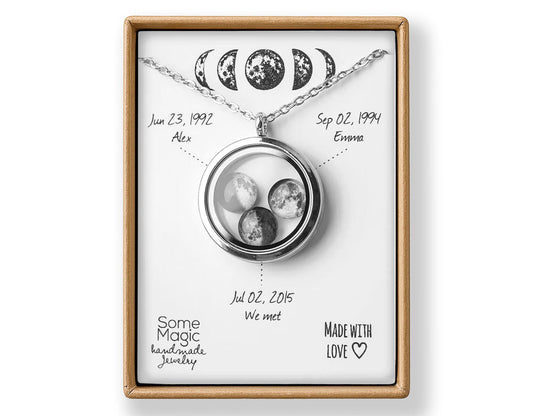 Custom Moon Phase Locket Necklace - Floating Transparent Pendant with 1–5 Moons, Personalized Lunar Jewelry Birthday Gift for Mom, KP.9