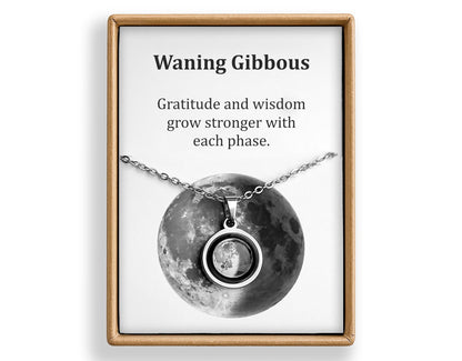 Waning Gibbous or Any Moon Phase Necklace - Personalized Lunar Pendant with Custom Engraving and Adjustable Chain - Birthday Gift for Her