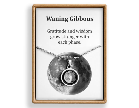 Waning Gibbous or Any Moon Phase Necklace - Personalized Lunar Pendant with Custom Engraving and Adjustable Chain - Birthday Gift for Her
