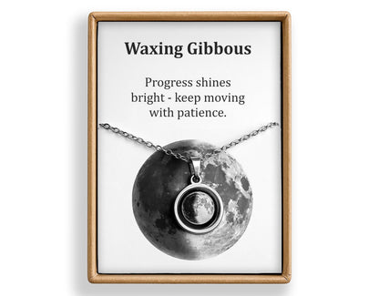 Waxing Gibbous or Any Moon Phase Necklace - Personalized Lunar Pendant with Custom Engraving and Adjustable Chain - Birthday Gift for Her