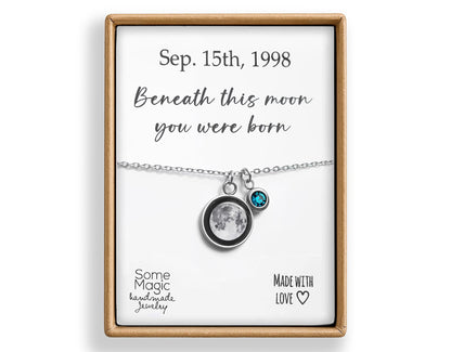 Custom Moon Phase Necklace with Birthstone and Engraving Initial and Date, Personalized Women Jewelry, Celestial Birthday Gift for Her, KP.8
