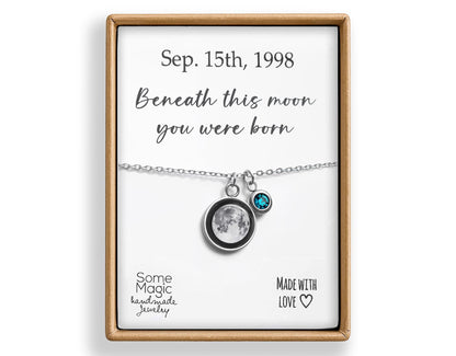 Custom Moon Phase Necklace with Birthstone, Personalized Engraved Initial Jewelry, Birthday Gift for Daughter, Lunar Pendant for Her, KP.8