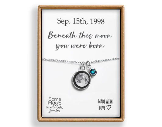Custom Moon Phase Necklace with Birthstone, Personalized Engraved Initial Jewelry, Birthday Gift for Daughter, Lunar Pendant for Her, KP.8