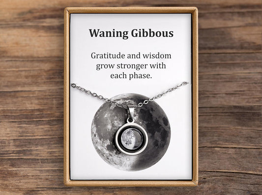 Waning Gibbous or Any Moon Phase Necklace with Gift Box & Card Ready to Give Personalized Lunar Pendant with Engraving and Adjustable Chain