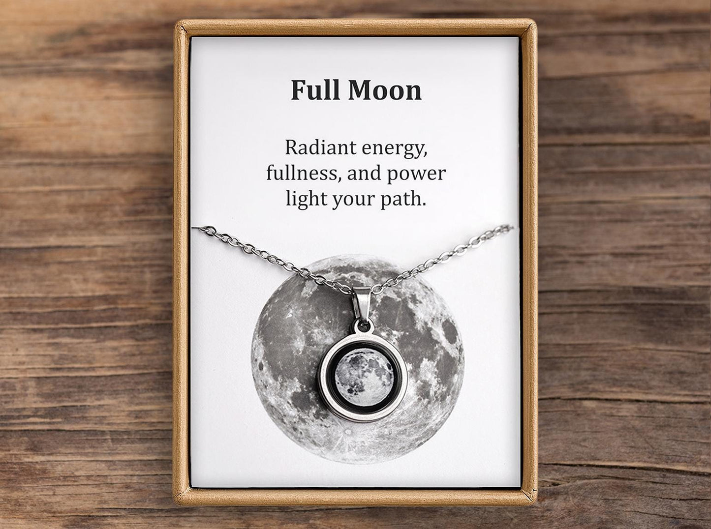 Full Moon or Any Moon Phase Necklace with Gift Box & Card Ready to Give Personalized Lunar Pendant with Engraving and Adjustable Chain
