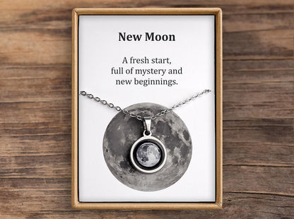 New Moon or Any Moon Phase Necklace with Gift Box & Card Ready to Give Personalized Lunar Pendant with Engraving and Adjustable Chain