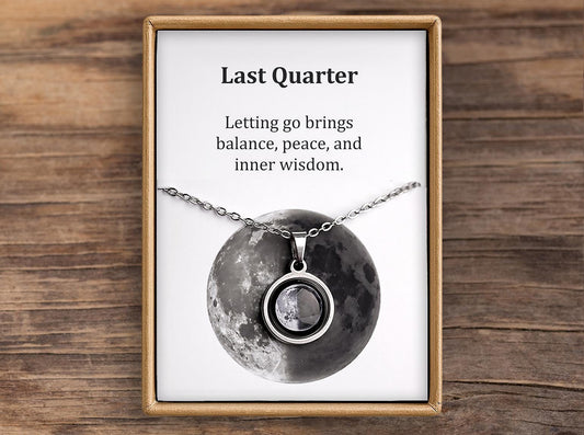 Last Quarter or Any Moon Phase Necklace with Gift Box & Card Ready to Give Personalized Lunar Pendant with Engraving and Adjustable Chain